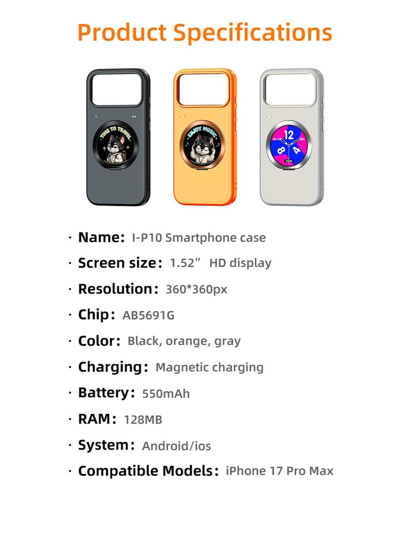 عبوة من 3 أغطية هاتف ذكية مغناطيسية متوافقة مع iPhone 17 Pro Max بالألوان الرمادي والأسود والبرتقالي مزودة بشاشة لمس ذكية 1.52 بوصة ودعم MagSafe واتصال Bluetooth ومعاينة الكاميرا وبطارية 550mAh وهيكل TPU+PC - Image 3