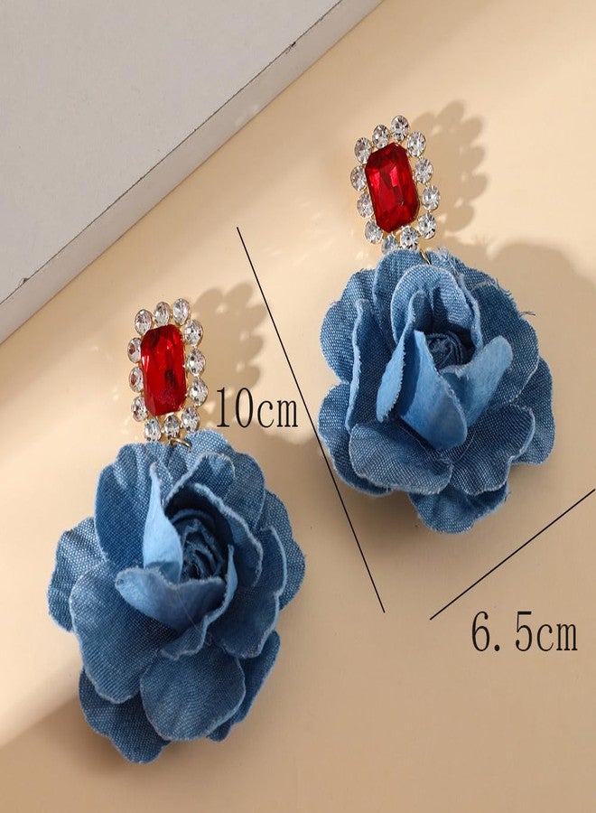 OIDIMS Denim Camellia Flower Dangle Earrings for Women Cowboy Statement Big Exaggerated Fabric Hoop Huggie Blue Floral Studs Gold-Tone Plated Long Drop Dangling Earring Fashion Jewelry Gifts (Red CZ) - Image 4