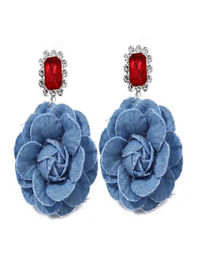 OIDIMS Denim Camellia Flower Dangle Earrings for Women Cowboy Statement Big Exaggerated Fabric Hoop Huggie Blue Floral Studs Gold-Tone Plated Long Drop Dangling Earring Fashion Jewelry Gifts (Red CZ) - Image 1