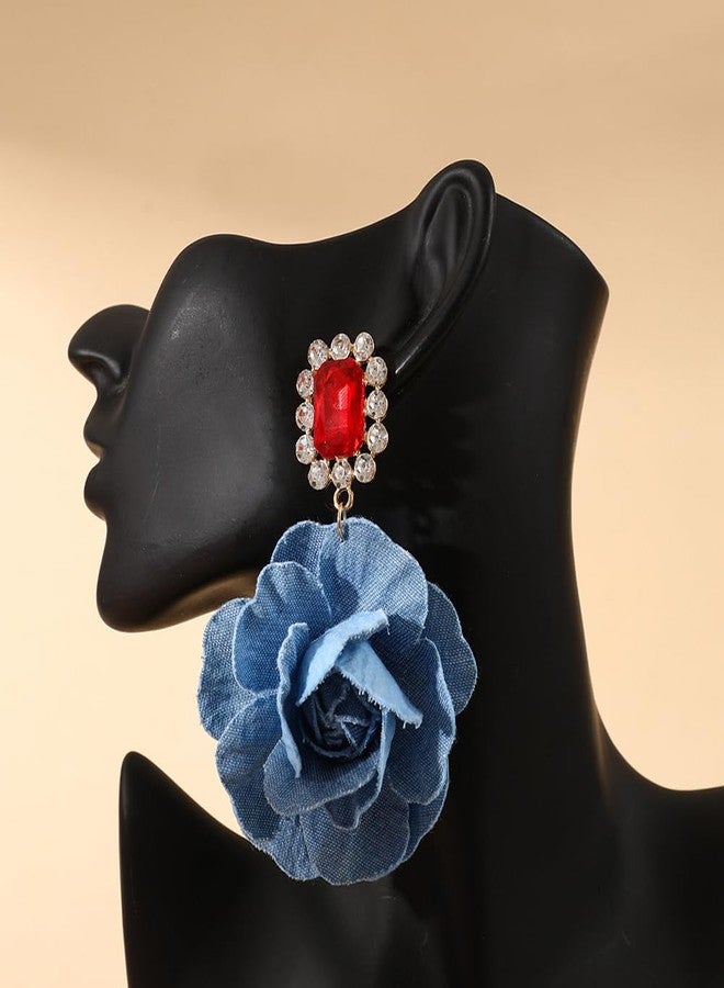 OIDIMS Denim Camellia Flower Dangle Earrings for Women Cowboy Statement Big Exaggerated Fabric Hoop Huggie Blue Floral Studs Gold-Tone Plated Long Drop Dangling Earring Fashion Jewelry Gifts (Red CZ) - Image 5