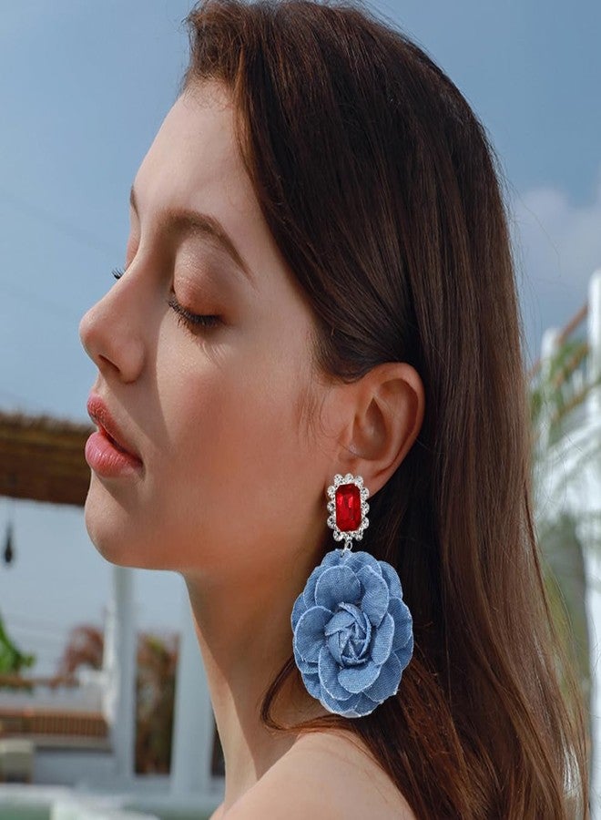 OIDIMS Denim Camellia Flower Dangle Earrings for Women Cowboy Statement Big Exaggerated Fabric Hoop Huggie Blue Floral Studs Gold-Tone Plated Long Drop Dangling Earring Fashion Jewelry Gifts (Red CZ) - Image 2