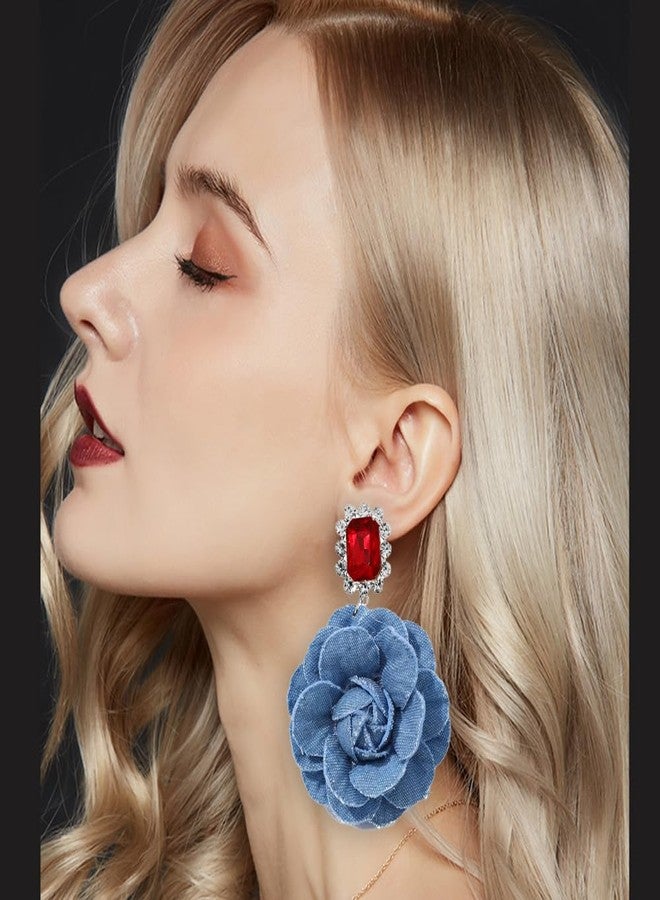 OIDIMS Denim Camellia Flower Dangle Earrings for Women Cowboy Statement Big Exaggerated Fabric Hoop Huggie Blue Floral Studs Gold-Tone Plated Long Drop Dangling Earring Fashion Jewelry Gifts (Red CZ) - Image 3