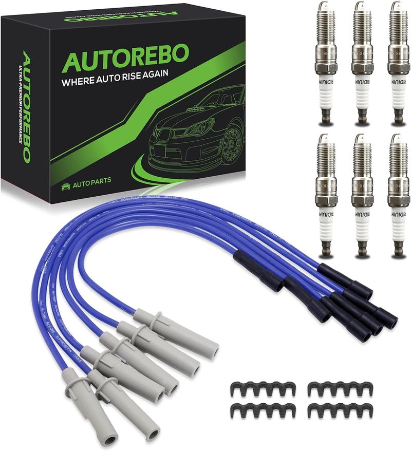 مجموعة من 6 قطع أسلاك شمعات الإشعال 5019593AA 53188 RC-CRX070S و 6 شمعات إشعال إيريديوم متوافقة مع كرايسلر دودج باسيفيكا تاون آند كانتري فوياجر جراند كارافان روتان فولكس فاجن V6 3.3 لتر 3.8 لتر - Image 1