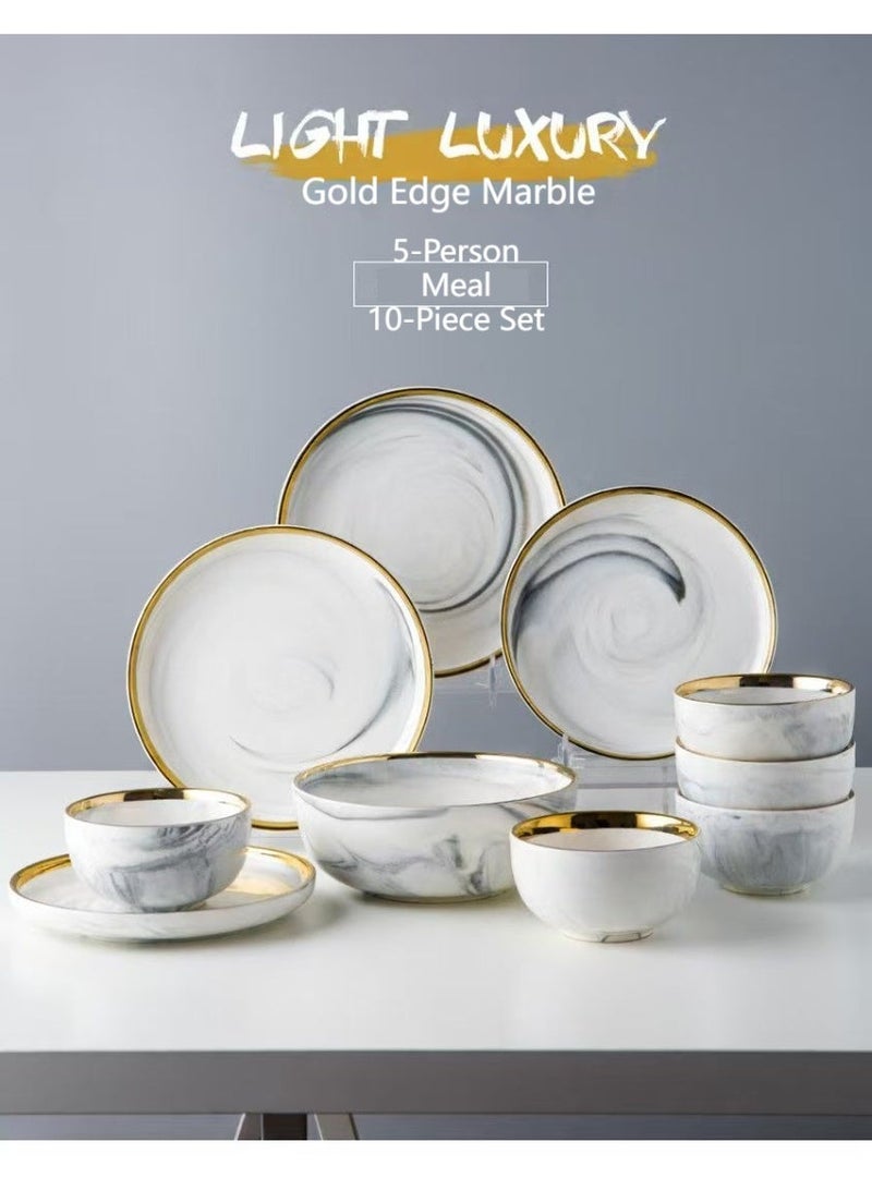  حياة القمر1 الرخام نمط أدوات العشاء مجموعة مع حافة الذهب - 10 قطعة أطباق السيراميك أطباق أكواب ، أواني المائدة الأنيقة الحديثة للاستخدام اليومي والحزب - Image 1