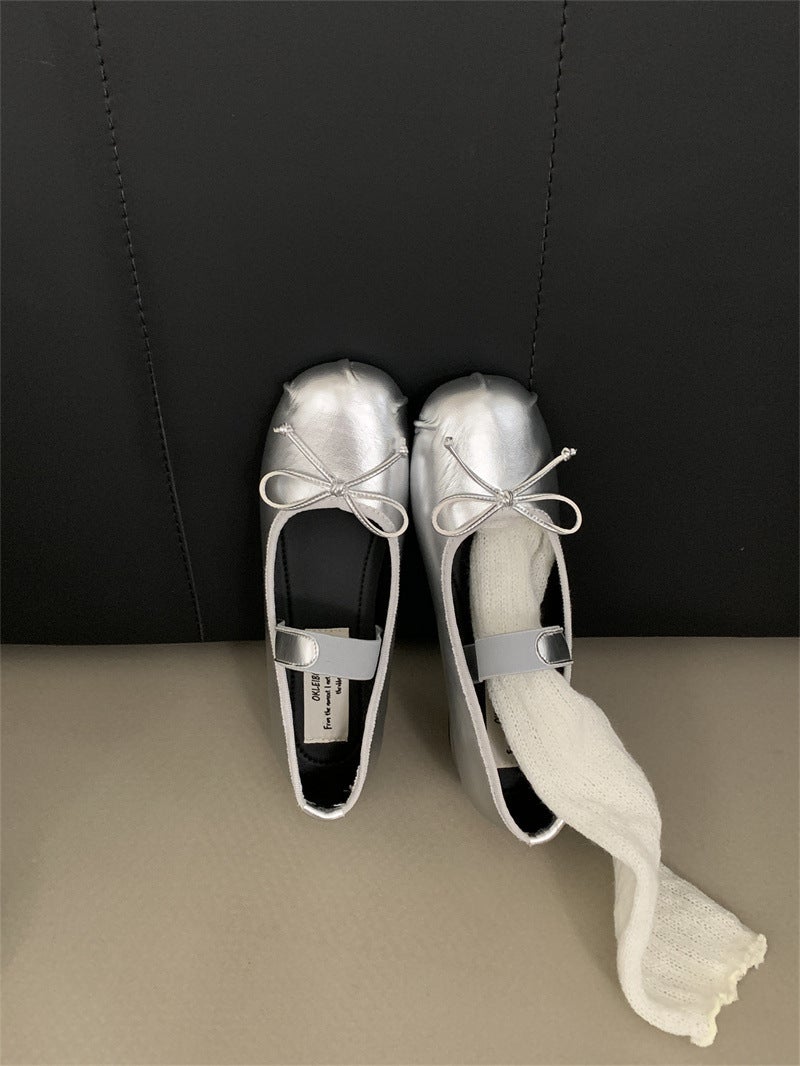 2025 Spring And Fairy Shallow Bow Pleated Satin Mary Jane Shoes - Image 1