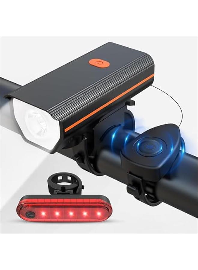 TRASSLE Rechargeable Bike Lights with Electric Bell, Ultra Bright Bicycle Lights for Night Riding, Road Mountain Bike Accessories for Kids Adults - Bike Headlight with Horn and Tail Light  - Image 1
