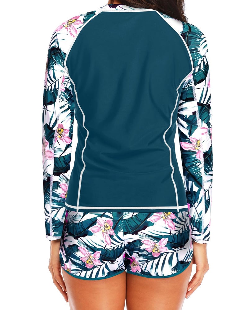 Daci Women's Long Sleeves Rash Guard - 2 Piece Swimsuits with Built in Bra Swim Shirt and Shorts with Pockets Teal Flower M - Image 2