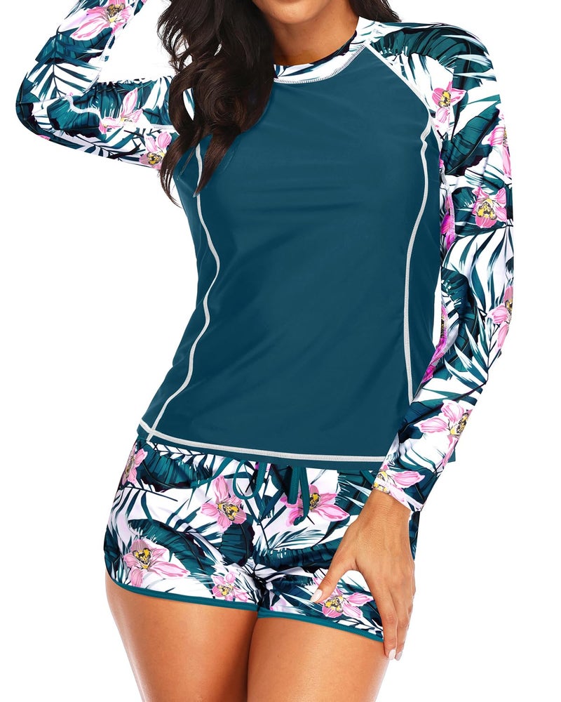 Daci Women's Long Sleeves Rash Guard - 2 Piece Swimsuits with Built in Bra Swim Shirt and Shorts with Pockets Teal Flower M - Image 5