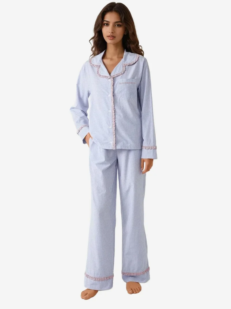 HICCUP Shirt Collar Cotton Plaid Pajama Set