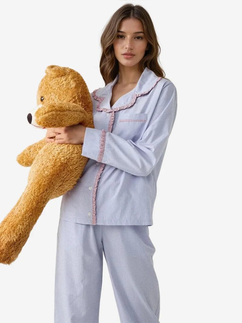 HICCUP Shirt Collar Cotton Plaid Pajama Set