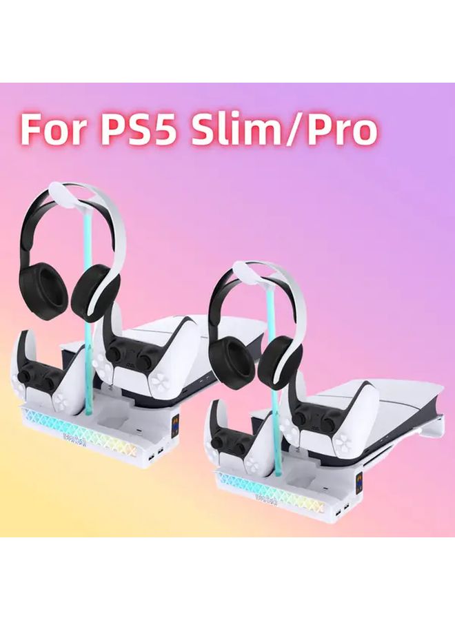 PS5 Slim Pro Cooling Stand RGB Fan With Headphone Hook White - Image 1