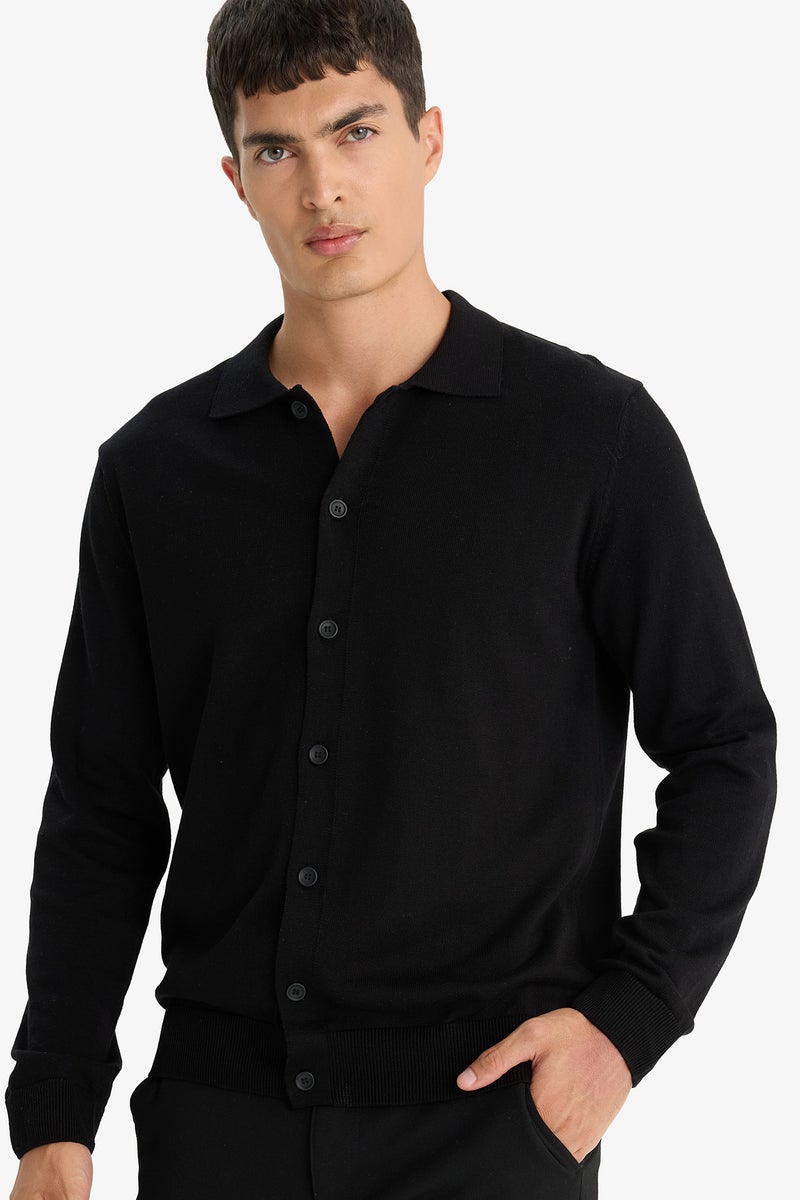 DeFacto Black Man Standard Fit Polo Collar Knitwear Cardigan Casual - Image 1