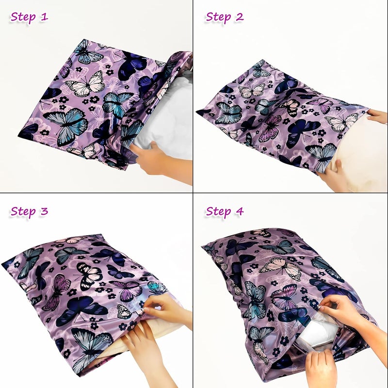 URLINENS غطاء وسادة من الساتان الحريري للشعر والبشرة، أغطية وسائد ناعمة من الساتان مقاس قياسي عبوة من 2، مقاومة للتجاعيد والبهتان مع إغلاق مغلف (20×26 بوصة، أرجواني، فراشات وزهور) - Image 5