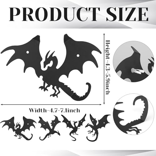 Otoolling 4 Pcs Dragon Wall Hooks Metal Dragon Key Holder Coat Rack Decorative Hanger Matte Black Fantasy Decor for Shelves, Keys, DIY Wall Organizers, 4 Flying Designs (Classic Style) - Image 2