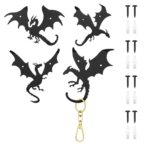 Otoolling 4 Pcs Dragon Wall Hooks Metal Dragon Key Holder Coat Rack Decorative Hanger Matte Black Fantasy Decor for Shelves, Keys, DIY Wall Organizers, 4 Flying Designs (Classic Style) - Image 1
