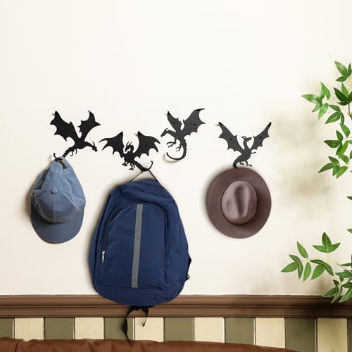 Otoolling 4 Pcs Dragon Wall Hooks Metal Dragon Key Holder Coat Rack Decorative Hanger Matte Black Fantasy Decor for Shelves, Keys, DIY Wall Organizers, 4 Flying Designs (Classic Style) - Image 5