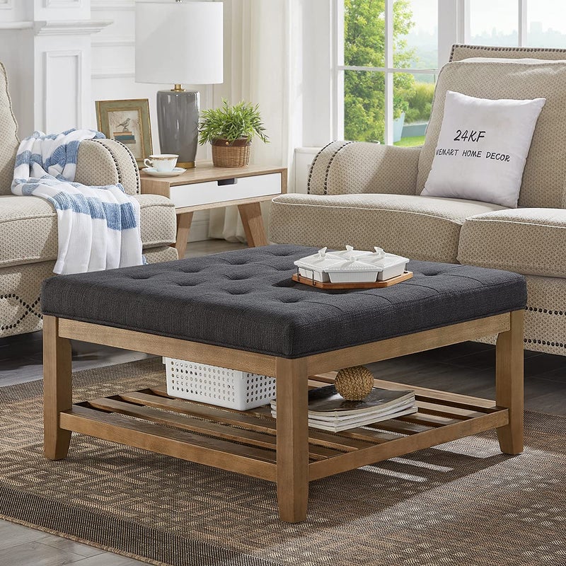 24KF Large Square Upholstered Tufted Linen Ottoman Coffee Table Large Footrest Ottoman with Solid Wood Shelf Charcoal