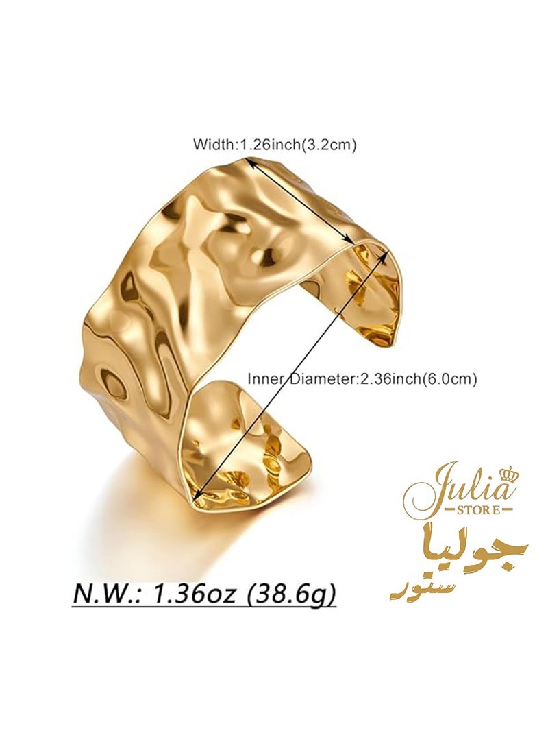 جوليا ستور أساور سميكة من الفولاذ المقاوم للصدأ مطلية بالذهب عيار 18 قيراطًا للنساء، أساور عريضة من طراز بوهو العتيق، أساور غير منتظمة، أساور ذهبية سميكة - Image 2
