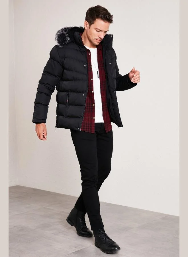 Buratti  Buratti Slim Fit Faux Fur Plush Lined Detachable Hooded Puffer Coat Men's COAT 5761080 B for Men | Best Price UAE