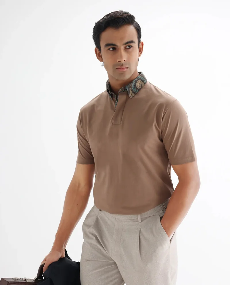 Rare Rabbit Rare Rabbit Men's Ringer 25 Dusky Beige Cotton Blend Fabric Half Sleeve Spread Collar Regular Fit Plain Polo