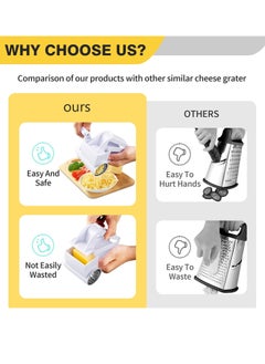 Hihonor Cheese Grater with Handle, Rotary Cheese Grater,Vegetable, Chocolate, Hard Cheese & Nut Grater, White  - Image 2