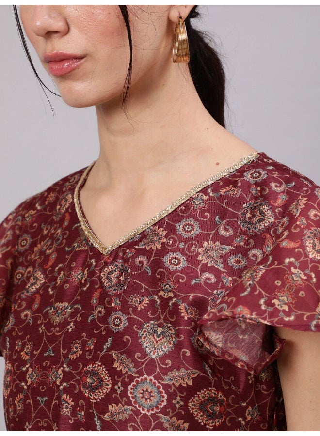 أيه كيه إس فستان ماكسي بفتحة وطباعة رقمية بلون عنابي - Image 2