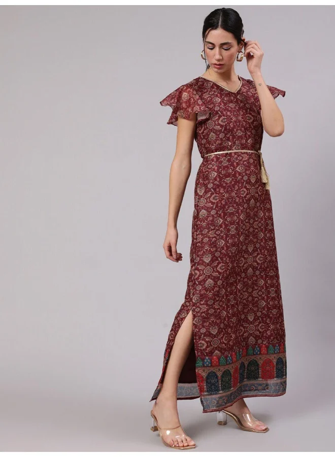 أيه كيه إس Burgundy Digital Print Slit Maxi Dress