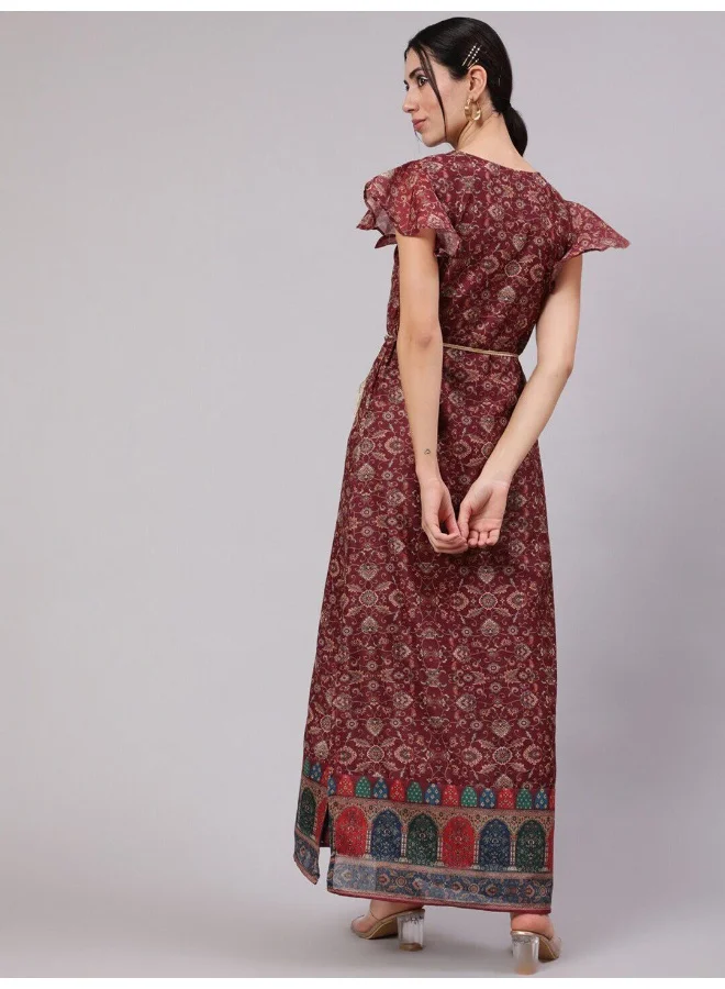 AKS Burgundy Digital Print Slit Maxi Dress