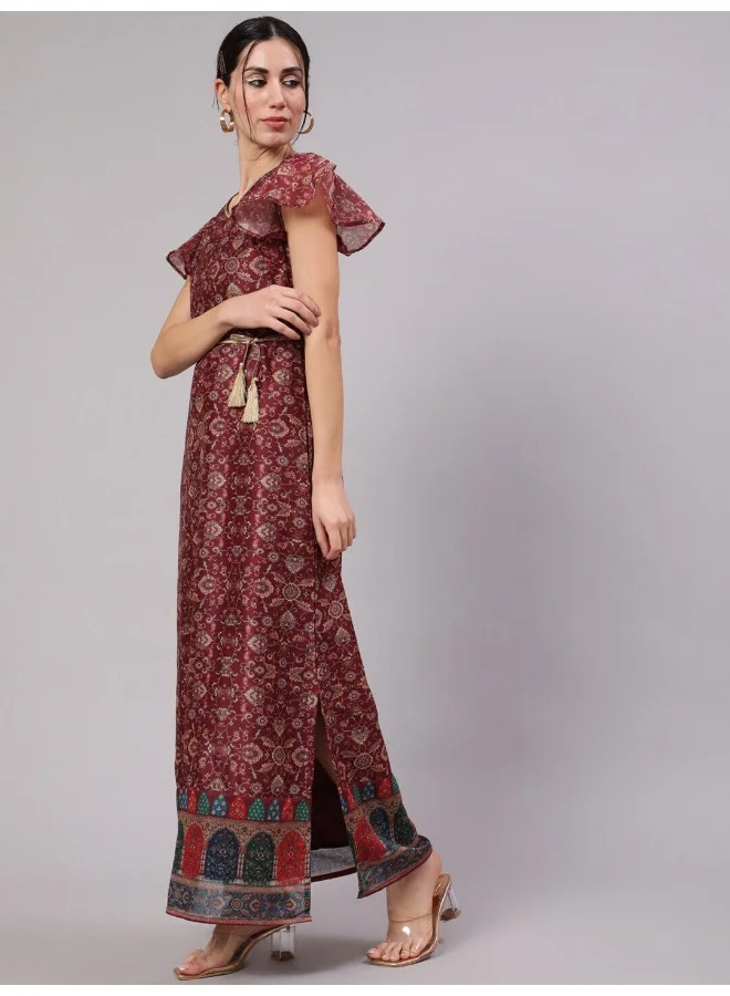 AKS Burgundy Digital Print Slit Maxi Dress