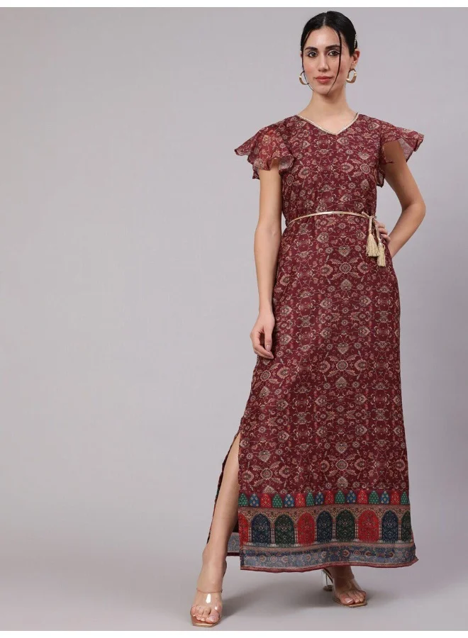 AKS Burgundy Digital Print Slit Maxi Dress
