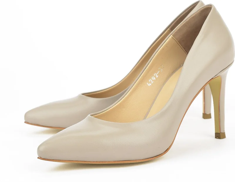 زيا , Women's Leather Heeled Shoes 1231003 4292 Stone
