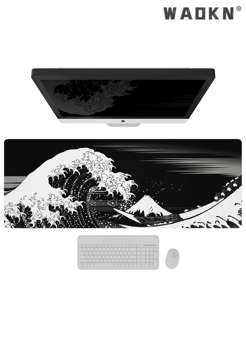 WAOKN - Extended Gaming Computer Mouse Pad, Large Black Mouse Pad for Desk, Cute Anime Japanese Great Wave Desk Pad for Keyboard and Mouse, Black, 31.5 x 11.8 x 0.12 inches - Image 1