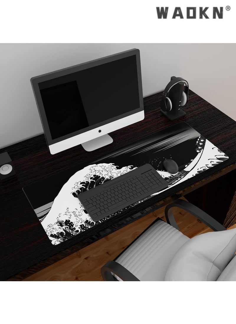 WAOKN - Extended Gaming Computer Mouse Pad, Large Black Mouse Pad for Desk, Cute Anime Japanese Great Wave Desk Pad for Keyboard and Mouse, Black, 31.5 x 11.8 x 0.12 inches - Image 1