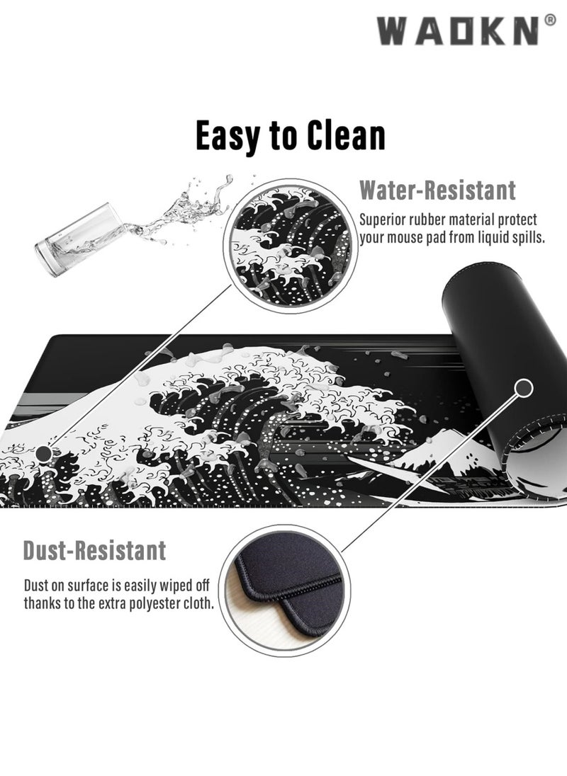 WAOKN - Extended Gaming Computer Mouse Pad, Large Black Mouse Pad for Desk, Cute Anime Japanese Great Wave Desk Pad for Keyboard and Mouse, Black, 31.5 x 11.8 x 0.12 inches - Image 1