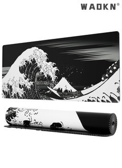 Extended Gaming Computer Mouse Pad, Large Black Mouse Pad for Desk, Cute Anime Japanese Great Wave Desk Pad for Keyboard and Mouse, Black, 31.5 x 11.8 x 0.12 inches