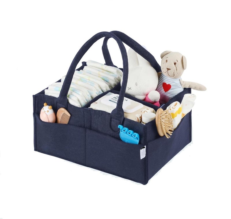COOFANDY Cute Baby Diaper Caddy Organizer Baby Storage Basket with Removable Compartments Felt Portable Nappy Foldable Bag Organiser for Newborn Mothers Used to Store Nappies (Blue) - Image 1