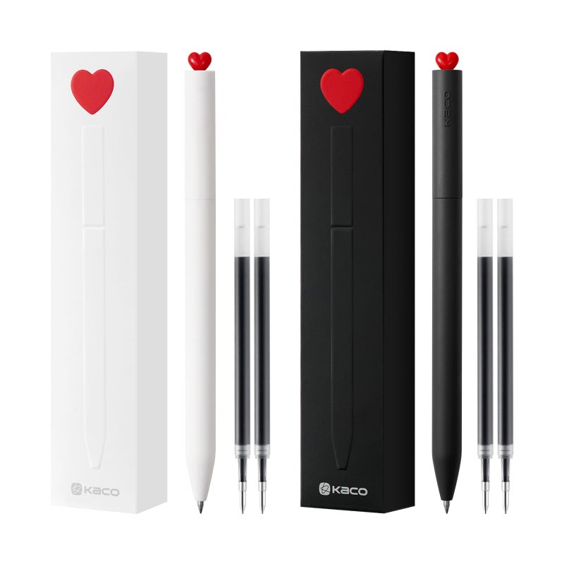Kaco FIRST Gel Pens, Pack of 2 Pieces Cute Stationery Heart Pen Set with Extra 4 Black Refills Quick Drying Holiday Office Supplies (2 Colors) - Image 1