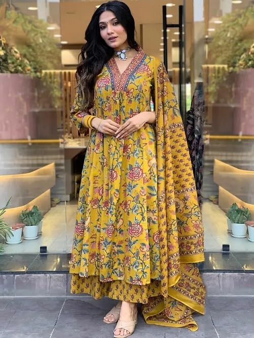 Memore Women's Rayon Mustard color Printed Anarkali Kurta with Dupatta & Pants Set | Ethnic Wear Suit Set - Image 3