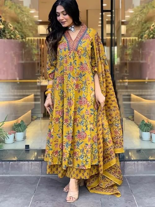 Memore Women's Rayon Mustard color Printed Anarkali Kurta with Dupatta & Pants Set | Ethnic Wear Suit Set - Image 2