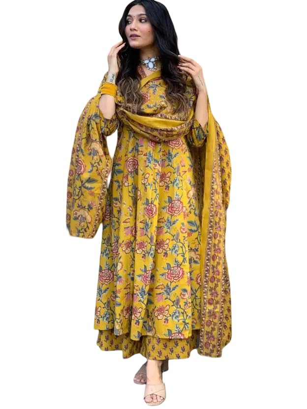 Memore Women's Rayon Mustard color Printed Anarkali Kurta with Dupatta & Pants Set | Ethnic Wear Suit Set - Image 1