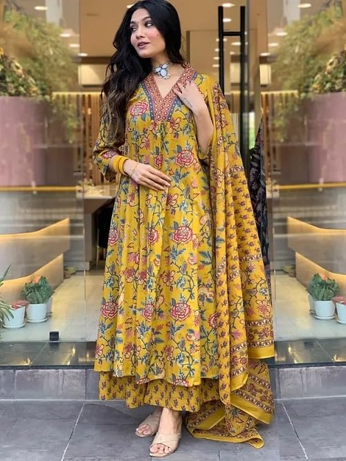 Memore Women's Rayon Mustard color Printed Anarkali Kurta with Dupatta & Pants Set | Ethnic Wear Suit Set - Image 4