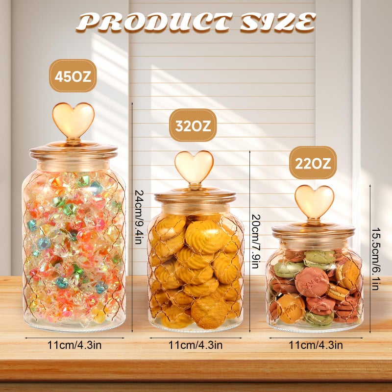 Rainmae 3 Pcs Heart Candy & Cookie Jars with Lids, 22 32 45 oz Cute Heart Shaped Airtight Food Storage Glass Cookie Containers for Kitchen Decorative Apothecary Canisters (Amber) - Image 2