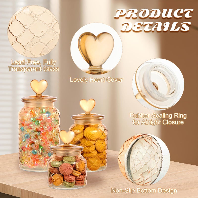 Rainmae 3 Pcs Heart Candy & Cookie Jars with Lids, 22 32 45 oz Cute Heart Shaped Airtight Food Storage Glass Cookie Containers for Kitchen Decorative Apothecary Canisters (Amber) - Image 3