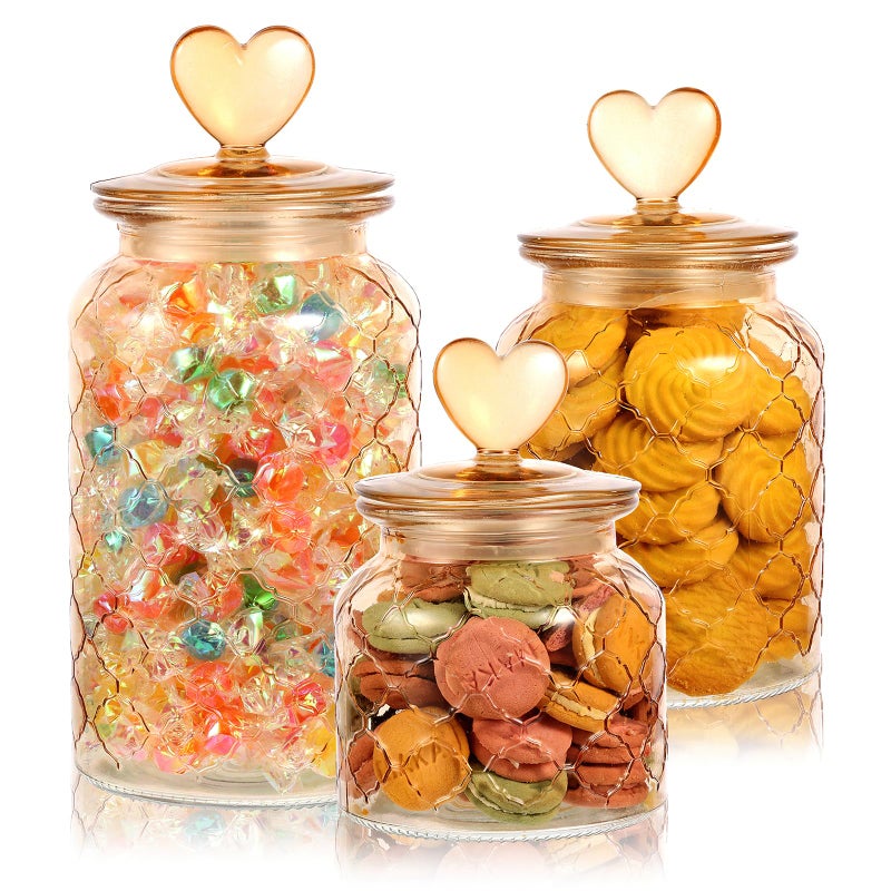 Rainmae 3 Pcs Heart Candy & Cookie Jars with Lids, 22 32 45 oz Cute Heart Shaped Airtight Food Storage Glass Cookie Containers for Kitchen Decorative Apothecary Canisters (Amber) - Image 1