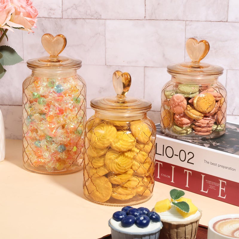 Rainmae 3 Pcs Heart Candy & Cookie Jars with Lids, 22 32 45 oz Cute Heart Shaped Airtight Food Storage Glass Cookie Containers for Kitchen Decorative Apothecary Canisters (Amber) - Image 5
