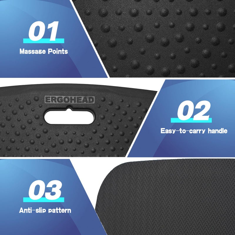 Ergohead Anti Fatigue Kitchen Floor Mat Comfort Standing Mat, Portable Office Standing Desk Mat, Multi-Purpose Kitchen Rug, Built-in Handle with Massage Points Comfort Floor Mat (Black, 17" x 22") - Image 3