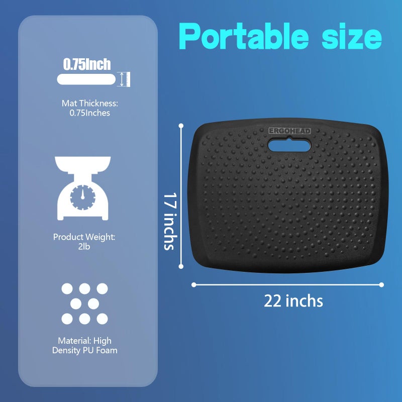 Ergohead Anti Fatigue Kitchen Floor Mat Comfort Standing Mat, Portable Office Standing Desk Mat, Multi-Purpose Kitchen Rug, Built-in Handle with Massage Points Comfort Floor Mat (Black, 17" x 22") - Image 4