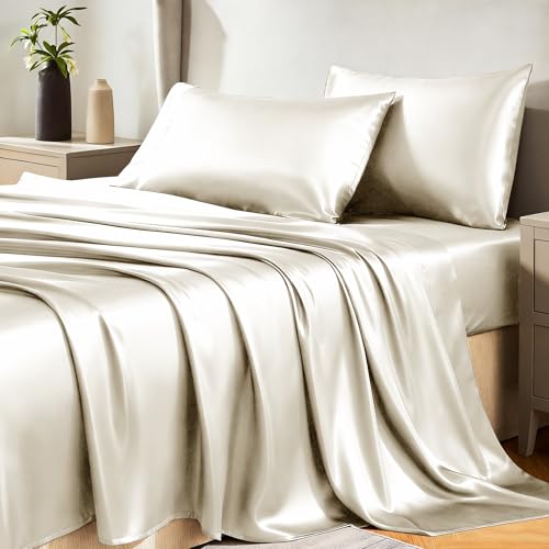CozyLux Satin Sheets Full Size Sheets Silky Soft Bedding Similar to Silk 4 Piece Sheet Set for Hair and Skin Deep Pocket with AllAround Elastic Home Decor for Bedroom Beige - Image 1
