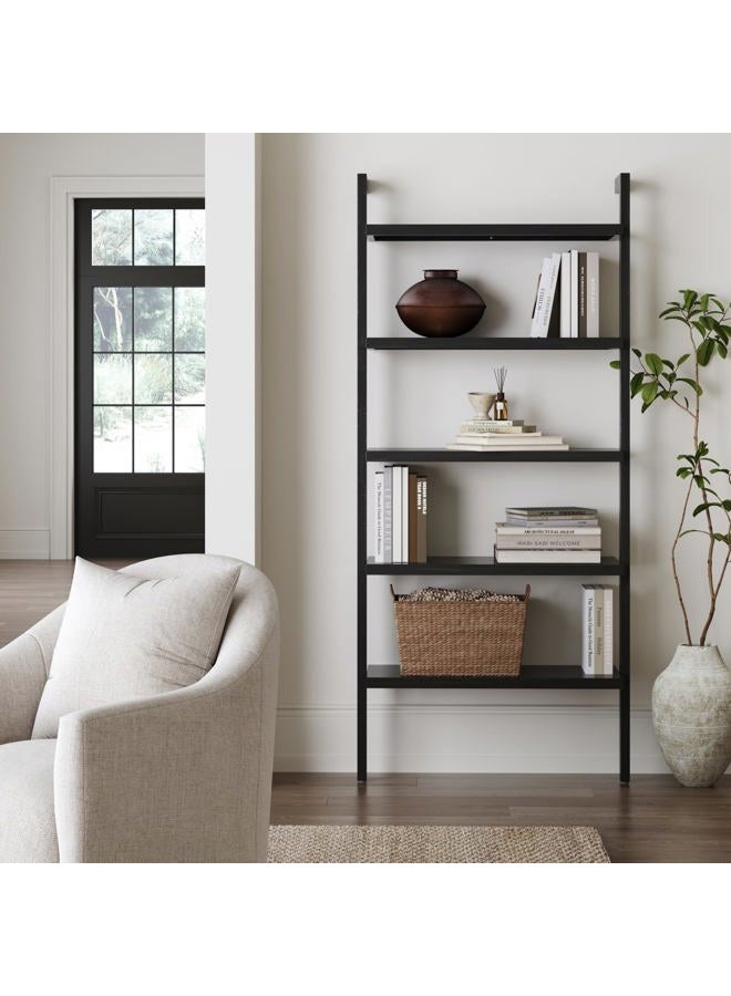Nathan James Beacon Bohemian 5 Tier Bookshelf, Wall Mounted Bookcase, Solid Wood Bookshelf in Black Oak - Image 1