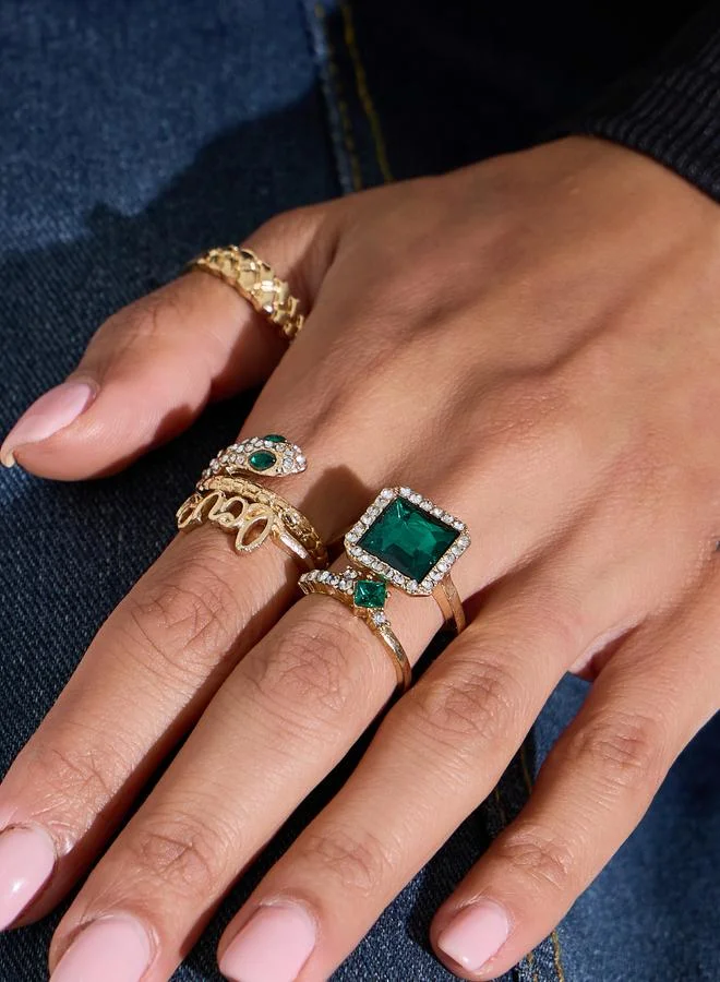 Styli Pack Of 5 - Gold Tone With Green Gemstones Embellished Rings